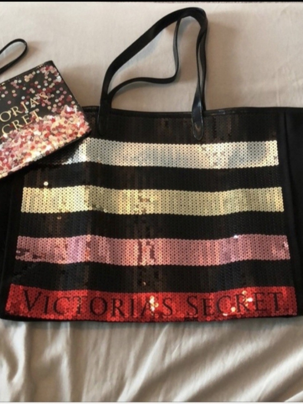 Victoria's Secret Black Sequin Stripe Tote & Cluch with Gold, Pink & Red